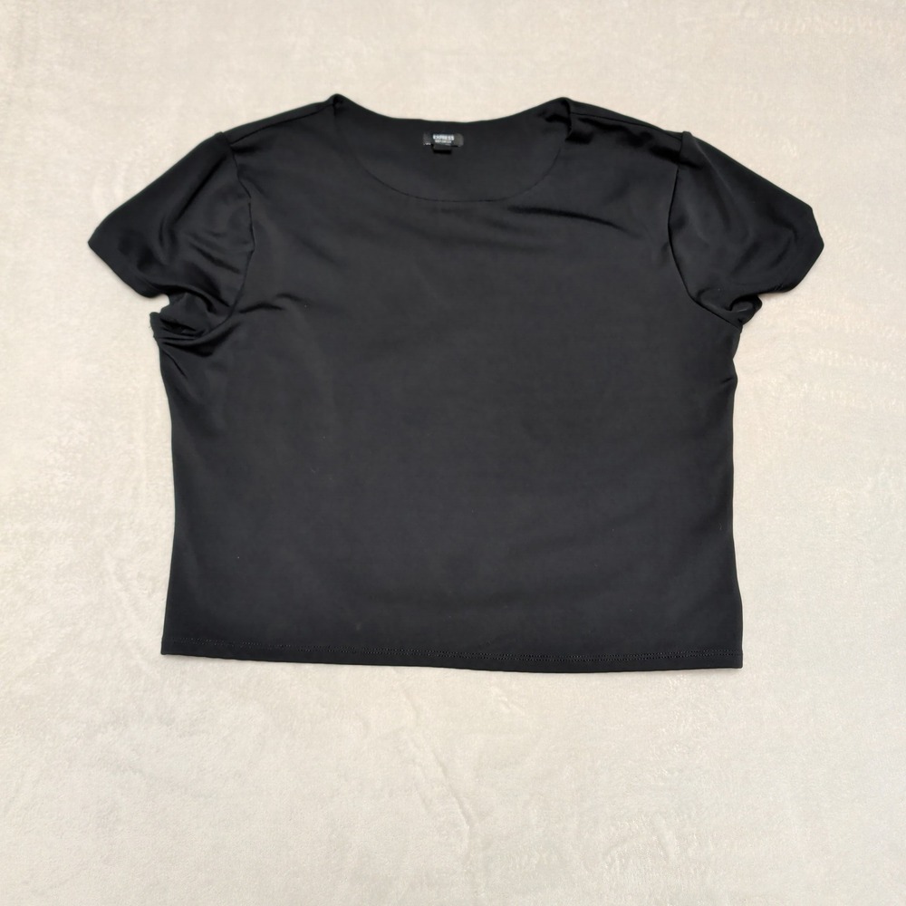 Express‎ Cropped Body Contour Black Short Sleeve Crew Slim Fit Top Womens XL L